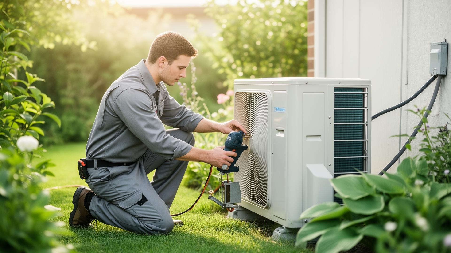 Eco Air HVAC technician servicing an outdoor condenser unit